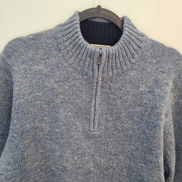 LL Bean Mens M 1/4 Zip Sweater Shetland Wool Blue Corduroy Elbow Patches Preppy - Picture 3 of 12